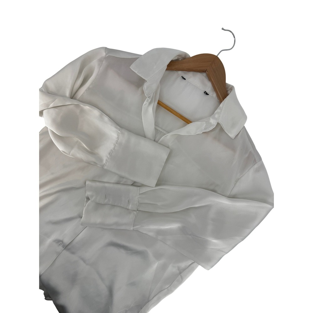 White Satin Button Down Shirt‎ Long Sleeve Wide Cuff Blouse Pearlized Buttons
